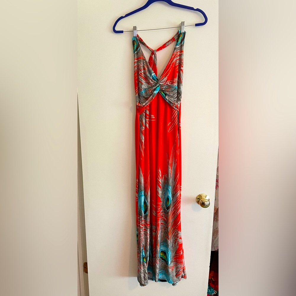 Orange Peacock Halter Dress